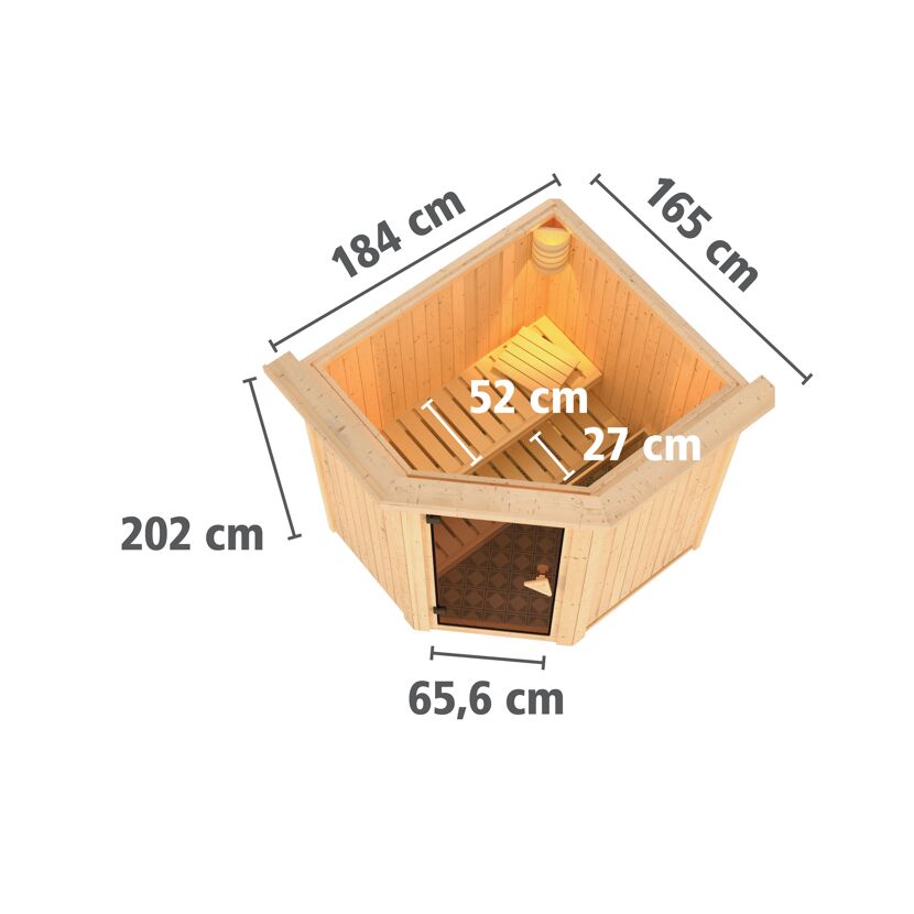 Elementsauna 'Emma' naturbelassen mit Kranz und Klarglastür 3,6 kW Bio-Ofen externe Steuerung Easy 184 x 165 x 202 cm