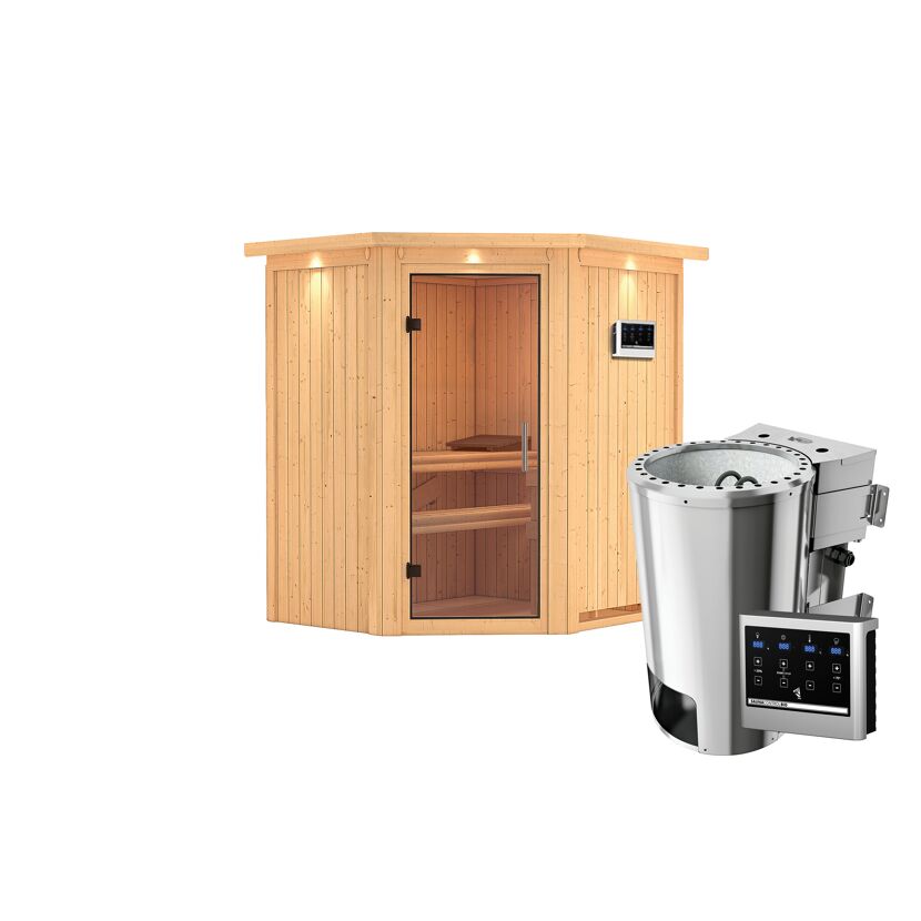 Elementsauna 'Emma' naturbelassen mit Kranz und Klarglastür 3,6 kW Bio-Ofen externe Steuerung Easy 184 x 165 x 202 cm