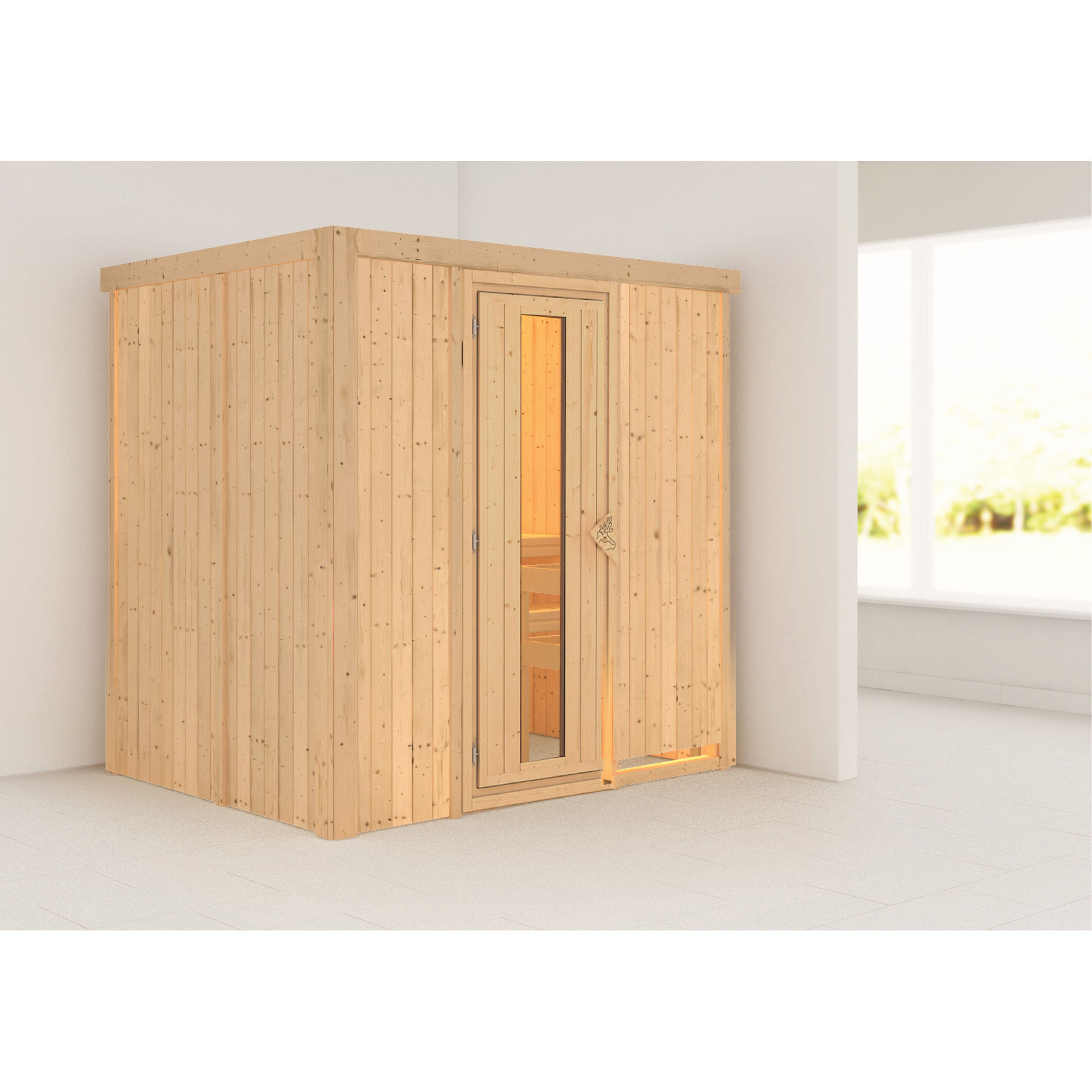 Sauna aus hellem Holz in einem hellen Raum