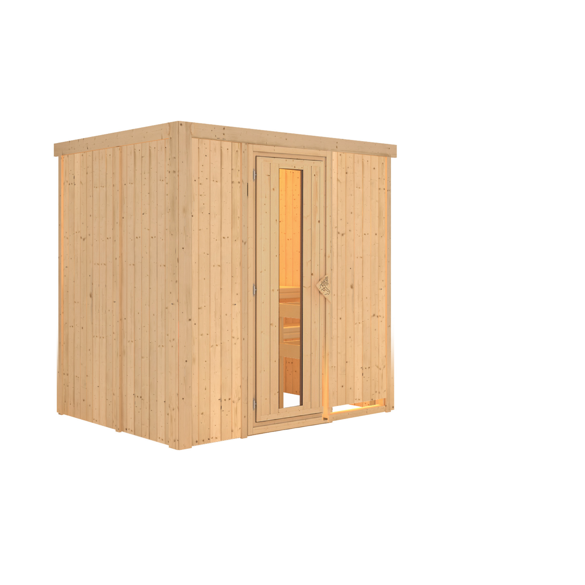 Holzsauna mit offener Tür und Fenster