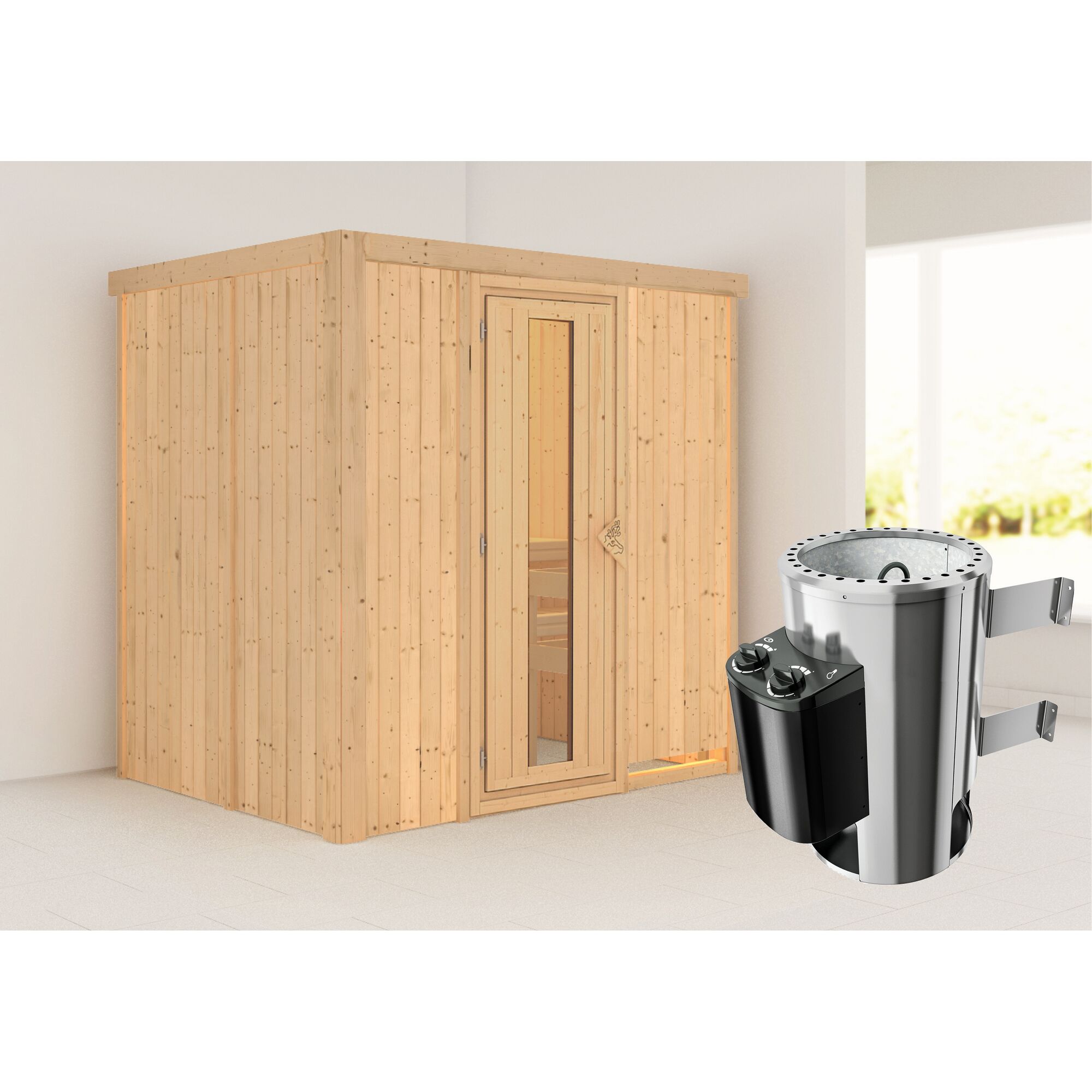 Sauna aus hellem Holz mit Saunaofen