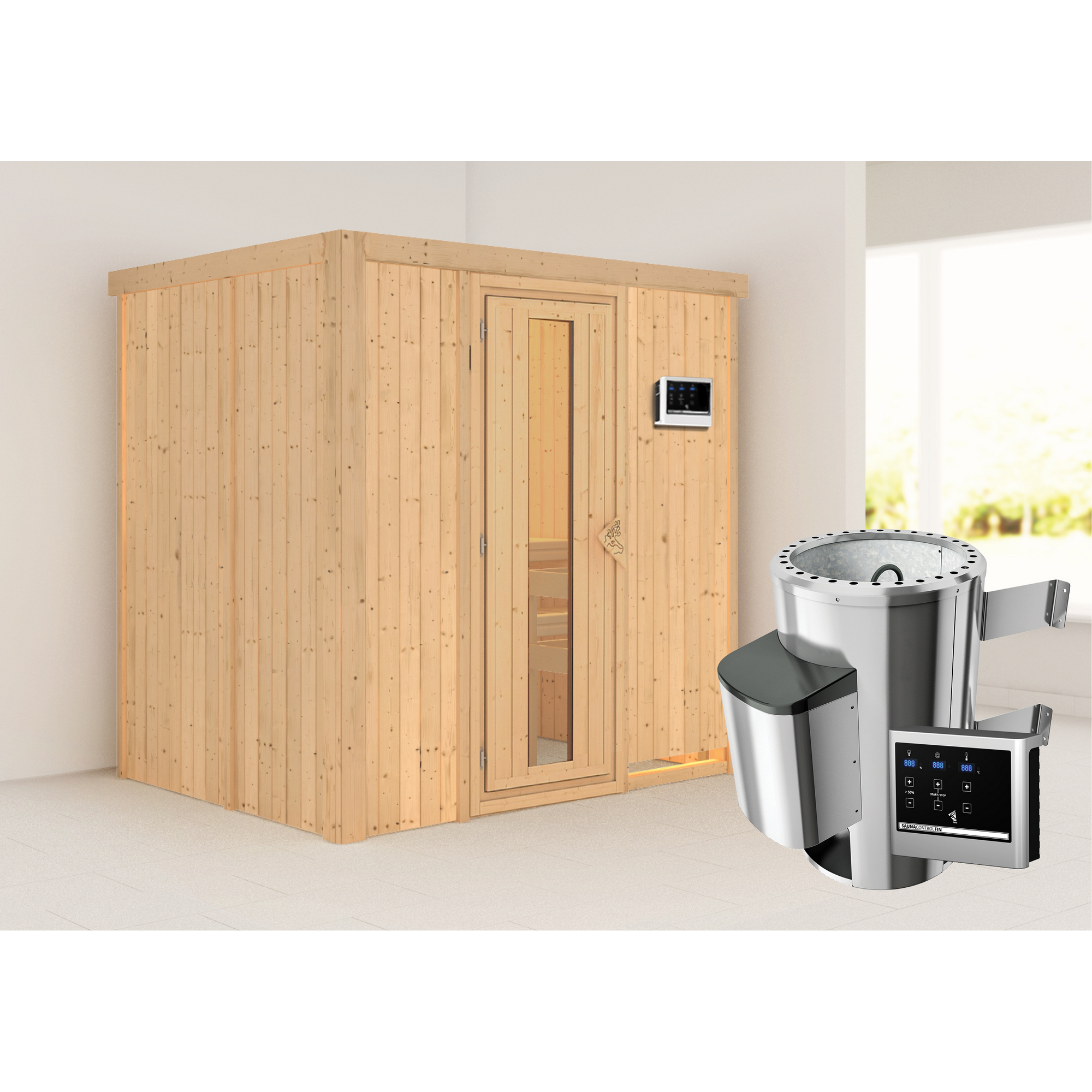 Sauna aus hellem Holz mit Saunaofen