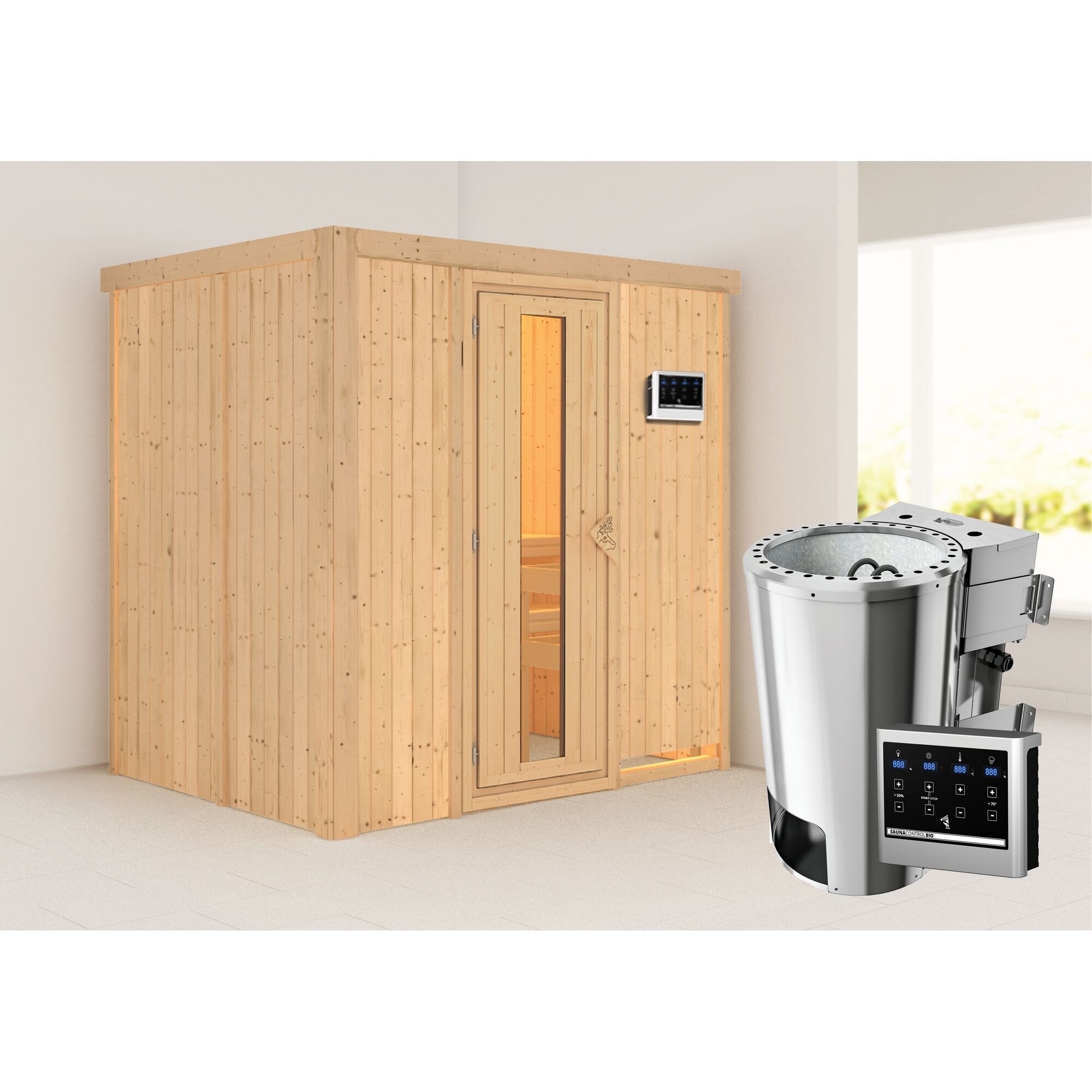 Sauna aus hellem Holz mit Saunaofen