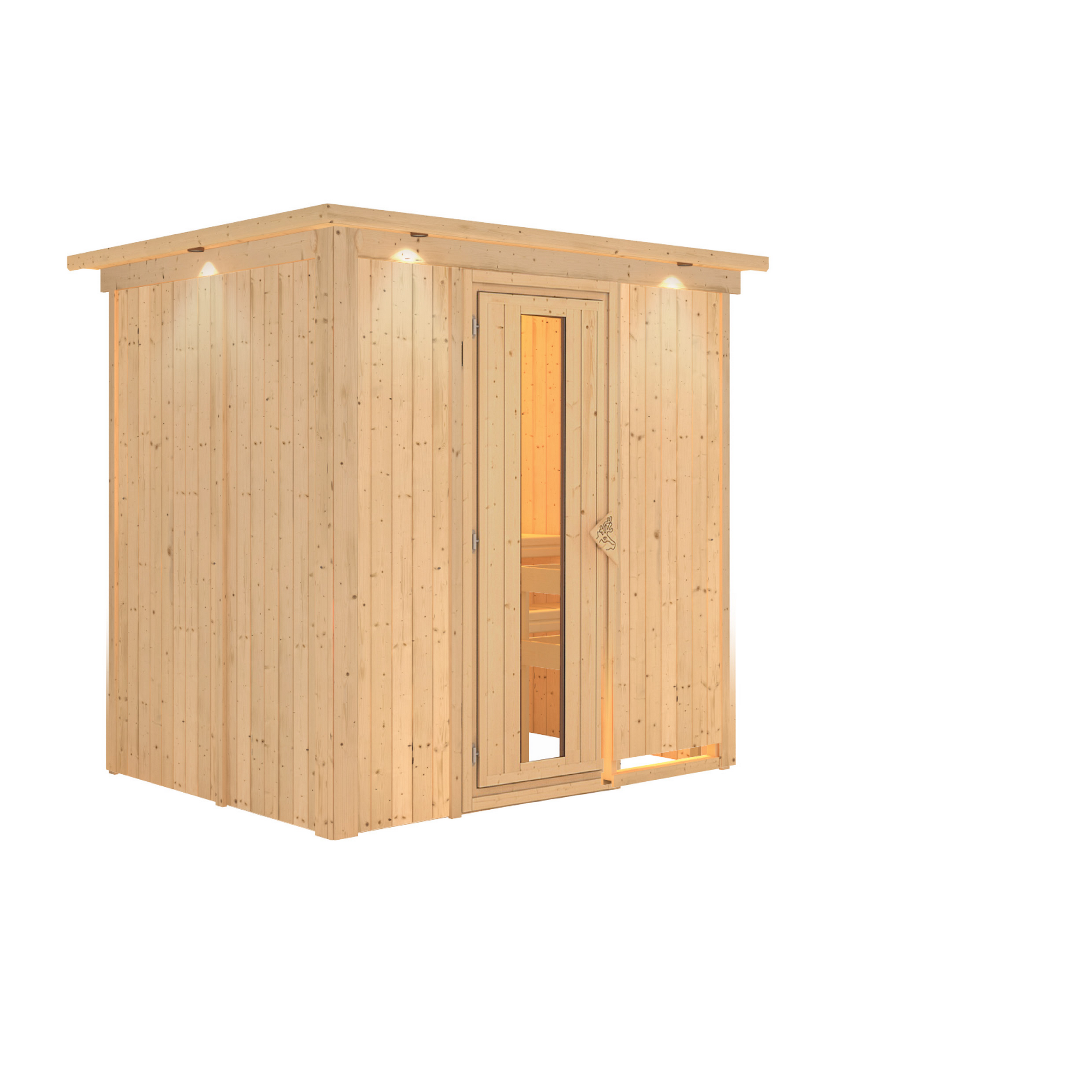 Außensauna aus hellem Holz mit geöffneter Tür.