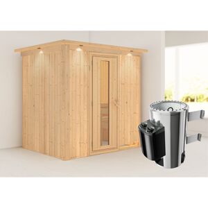 Elementsauna 'Carla' naturbelassen mit Kranz und Energiespartür 3,6 kW Ofen integrierte Steuerung 210 x 165 x 202 cm