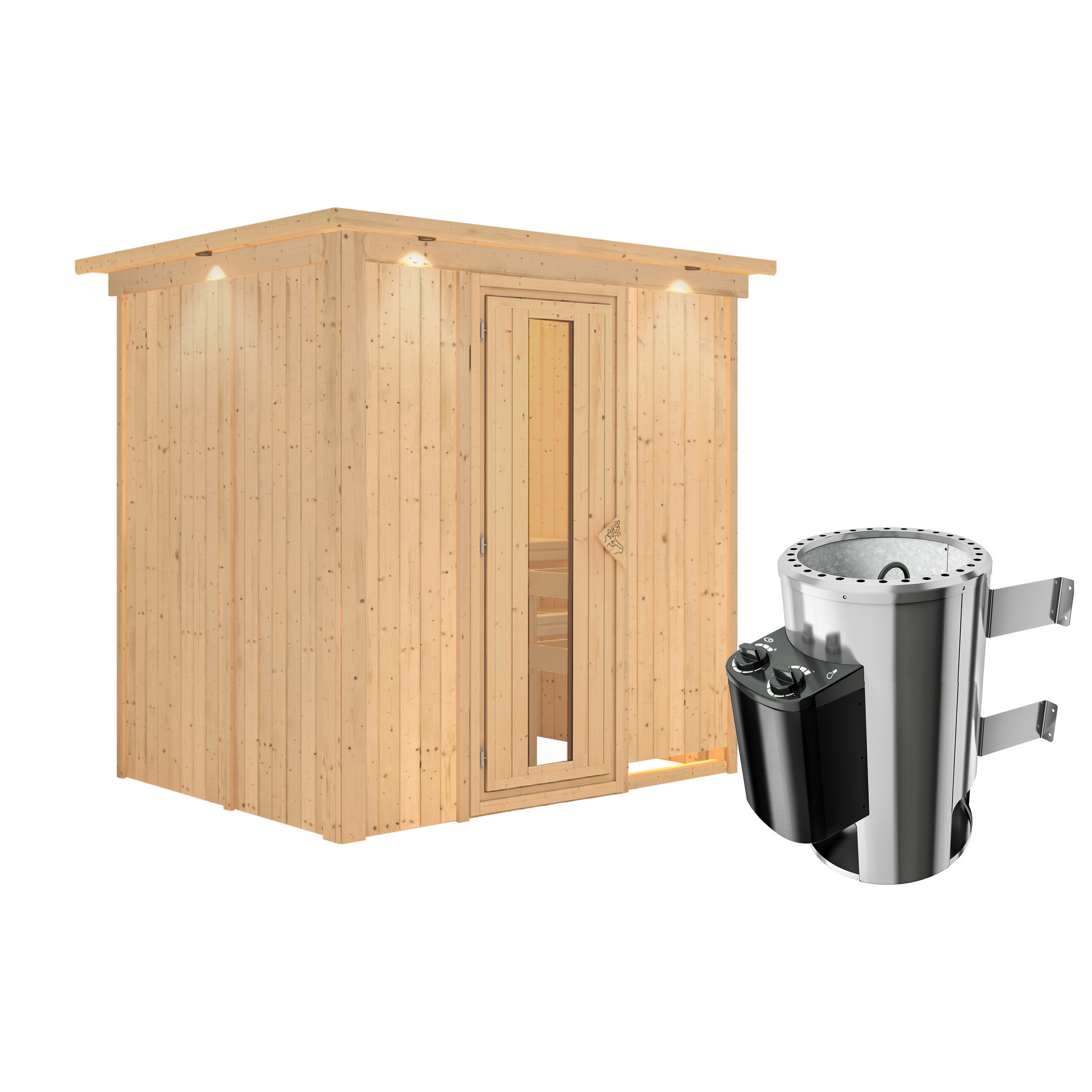 Außenansicht einer Sauna aus hellem Holz mit Saunaofen