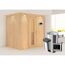 Sauna aus hellem Holz mit Saunaofen