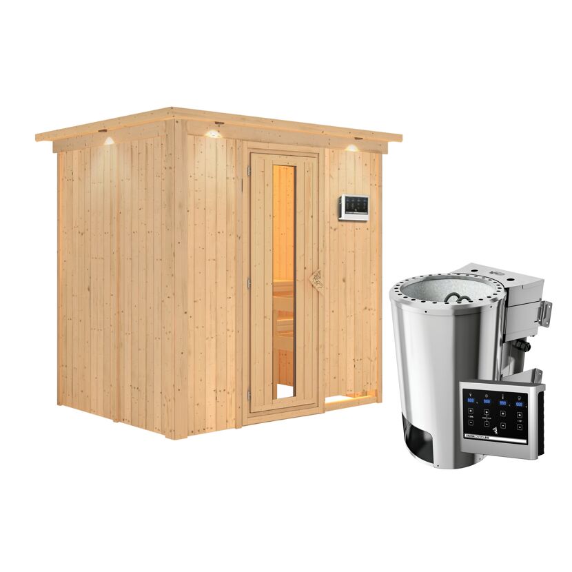 Elementsauna 'Carla' naturbelassen mit Kranz und Energiespartür 3,6 kW Bio-Ofen externe Steuerung Easy 210 x 165 x 202 cm