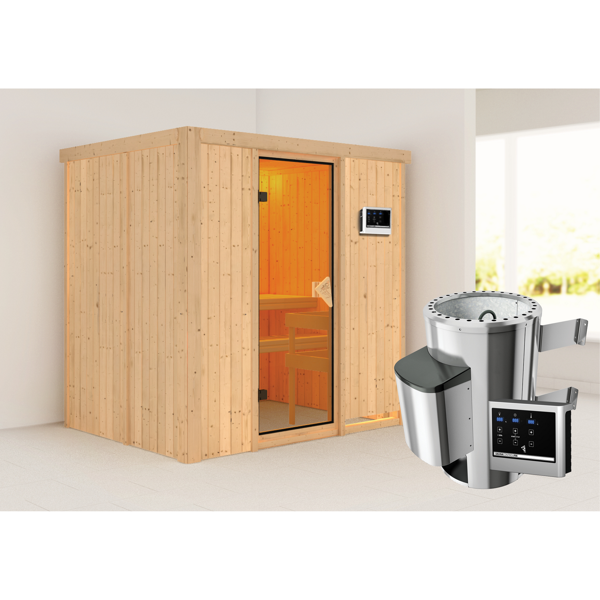 Elementsauna 'Carla' naturbelassen mit bronzierter Tür  3,6 kW Ofen externe Steuerung Easy 196 x 151 x 198 cm + product picture