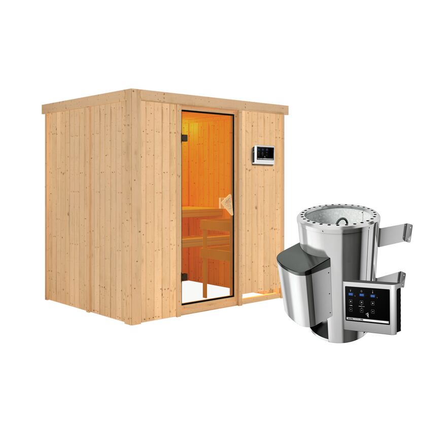 Sauna aus Holz mit Saunaofen und Steuergerät