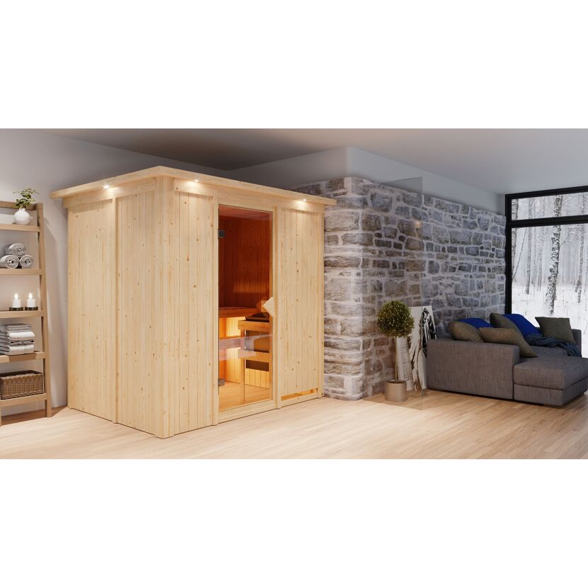 Elementsauna 'Carla' naturbelassen mit Kranz und bronzierter Tür 210 x 165 x 202 cm