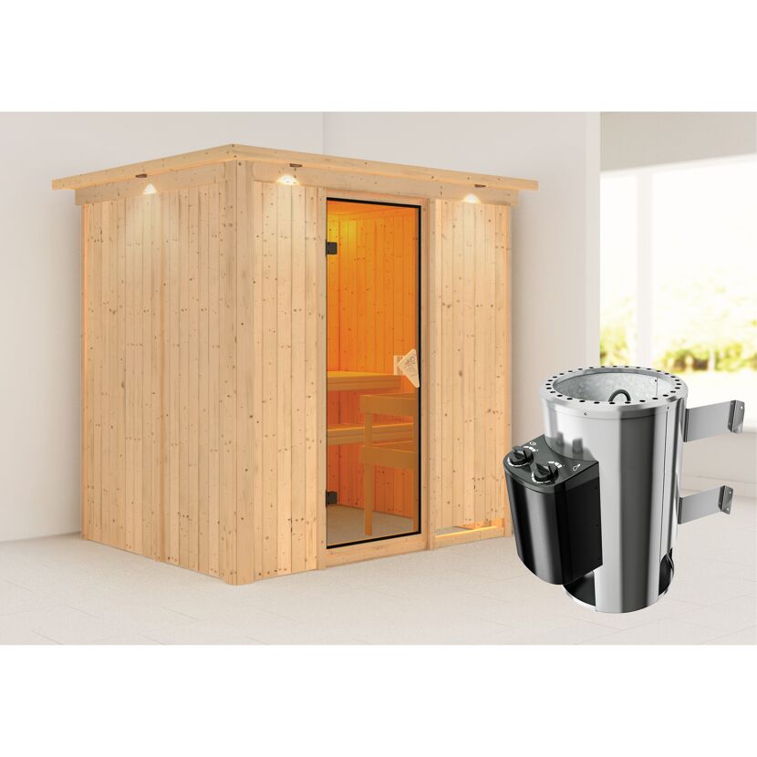 Elementsauna 'Carla' naturbelassen mit Kranz und bronzierter Tür 3,6 kW Ofen integrierte Steuerung 210 x 165 x 202 cm