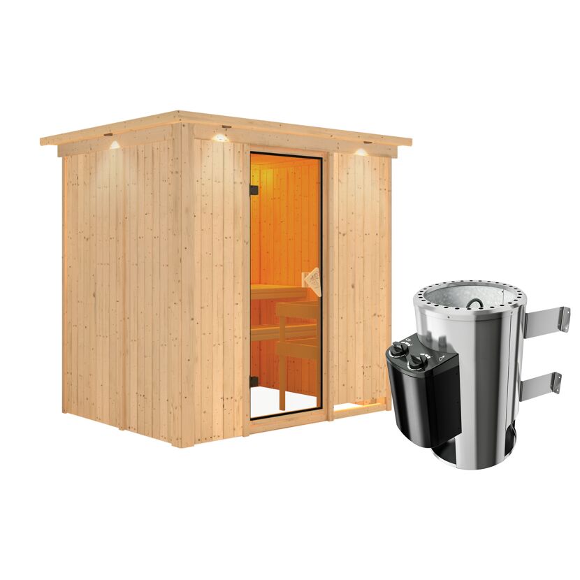 Elementsauna 'Carla' naturbelassen mit Kranz und bronzierter Tür 3,6 kW Ofen integrierte Steuerung 210 x 165 x 202 cm