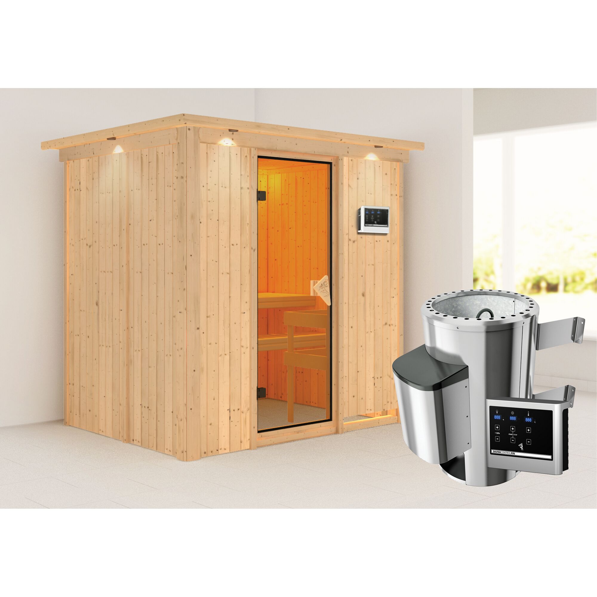 Sauna aus Holz mit Saunaofen