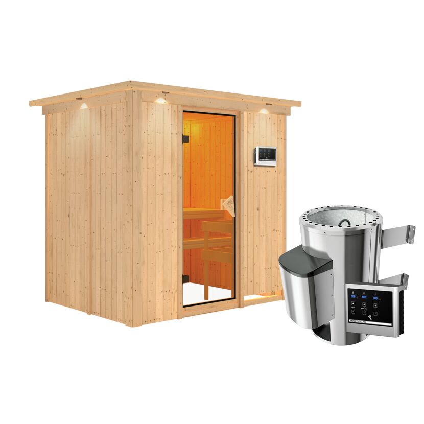 Sauna aus Holz mit Saunaofen und Steuerung