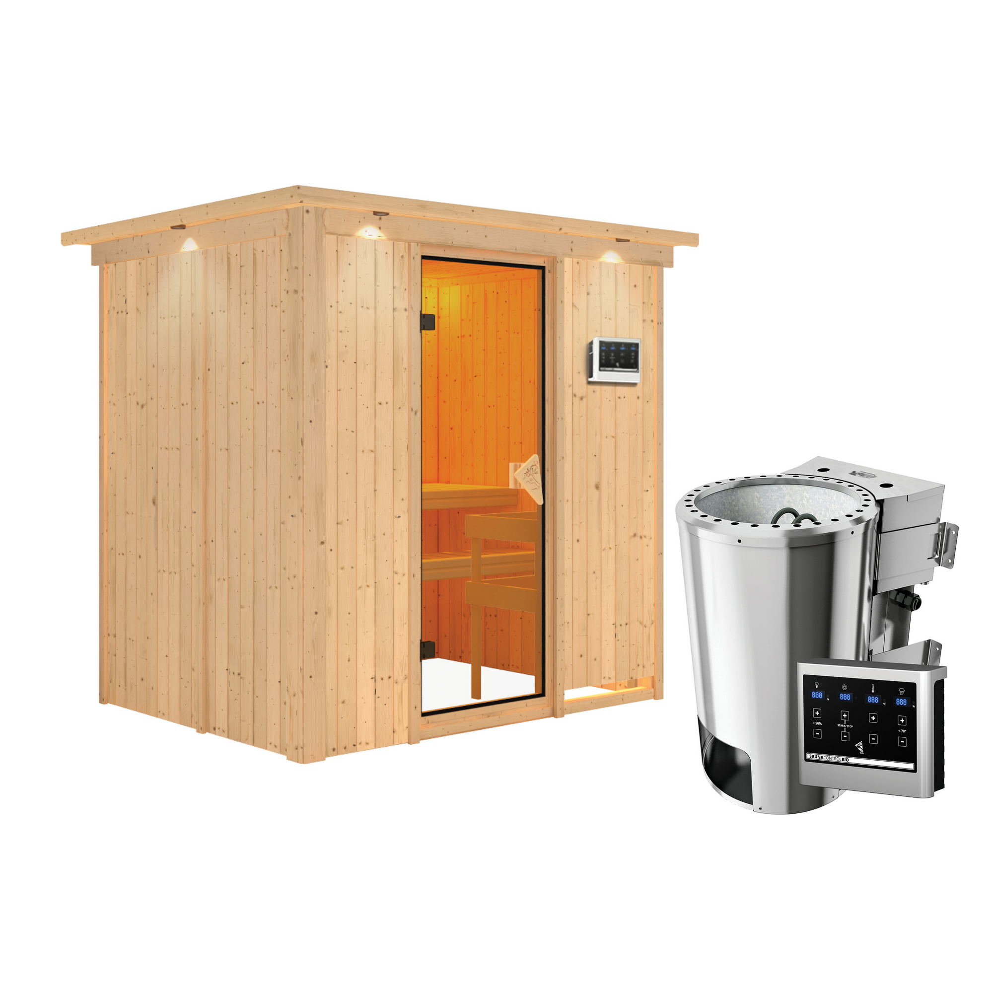 Elementsauna 'Carla' naturbelassen mit Kranz und bronzierter Tür 3,6 kW Bio-Ofen externe Steuerung Easy 210 x 165 x 202 cm + product picture