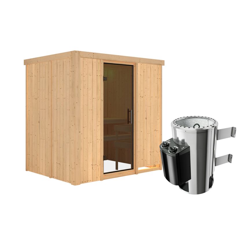 Sauna aus Holz mit Saunaofen