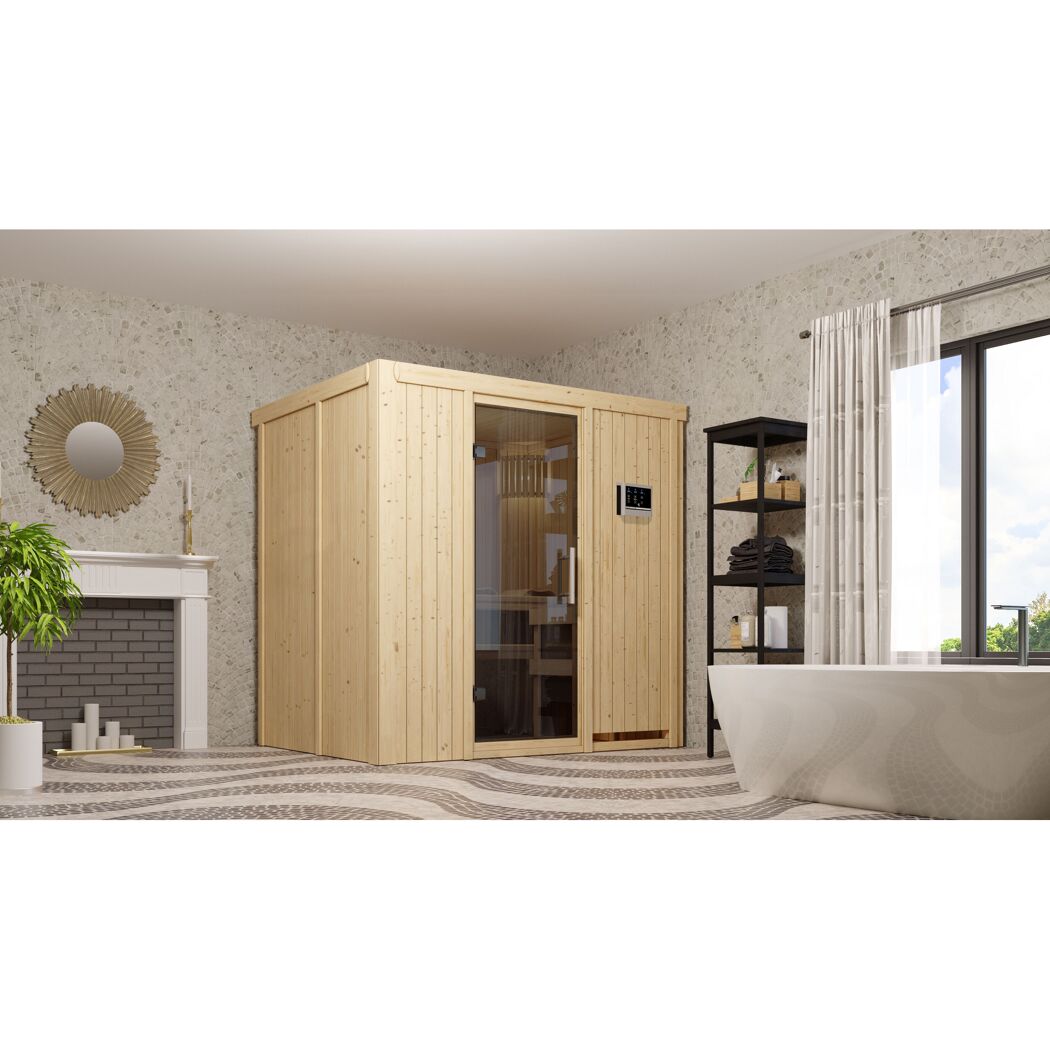 Sauna aus hellem Holz in einem Badezimmer