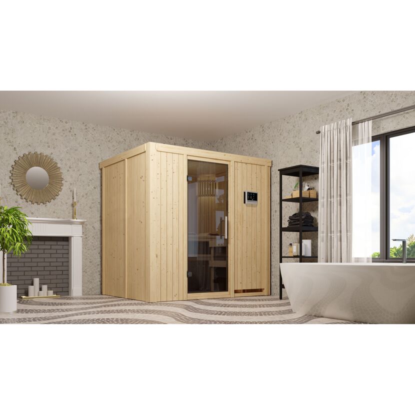 Sauna aus hellem Holz in einem Badezimmer