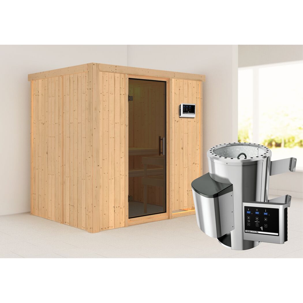 Sauna aus hellem Holz mit Saunaofen