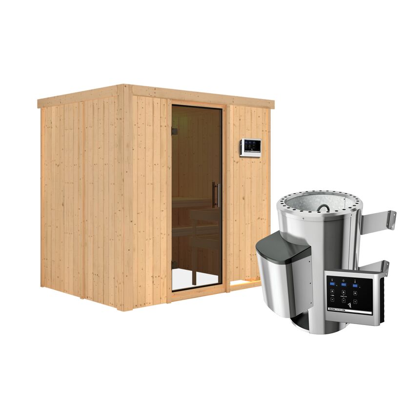 Sauna aus hellem Holz mit Saunaofen