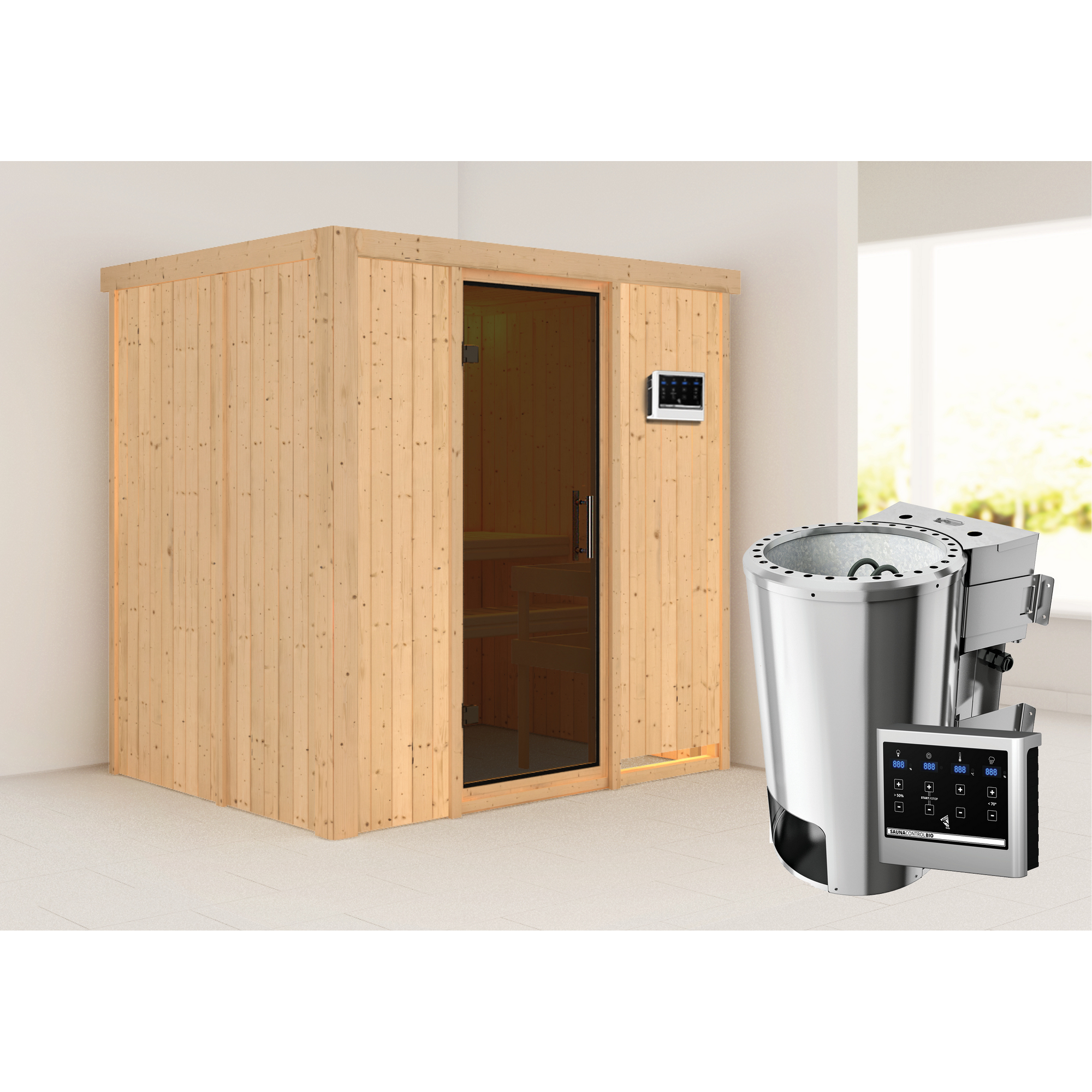 Elementsauna 'Carla' naturbelassen mit graphitfarbener Tür 3,6 kW Bio-Ofen externe Steuerung Easy 196 x 151 x 198 cm + product picture