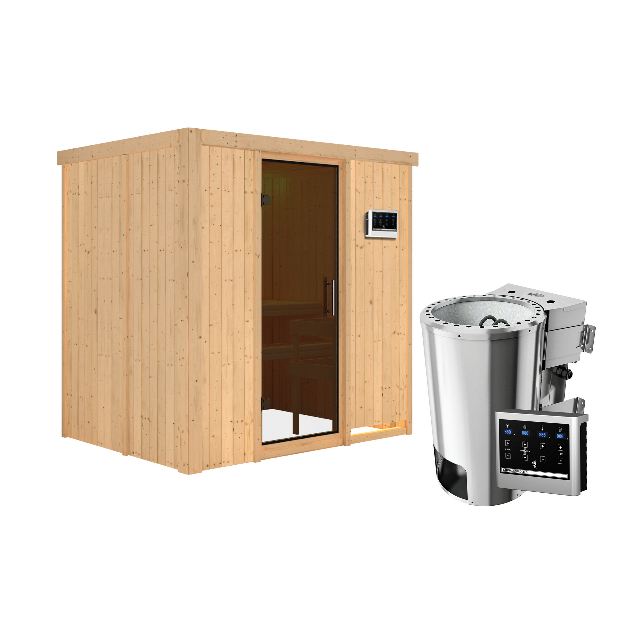 Elementsauna 'Carla' naturbelassen mit graphitfarbener Tür 3,6 kW Bio-Ofen externe Steuerung Easy 196 x 151 x 198 cm + product picture