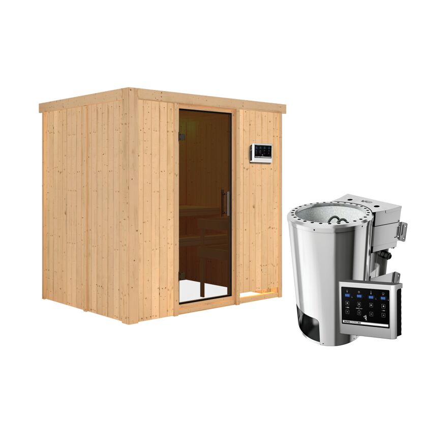 Elementsauna 'Carla' naturbelassen mit graphitfarbener Tür 3,6 kW Bio-Ofen externe Steuerung Easy 196 x 151 x 198 cm