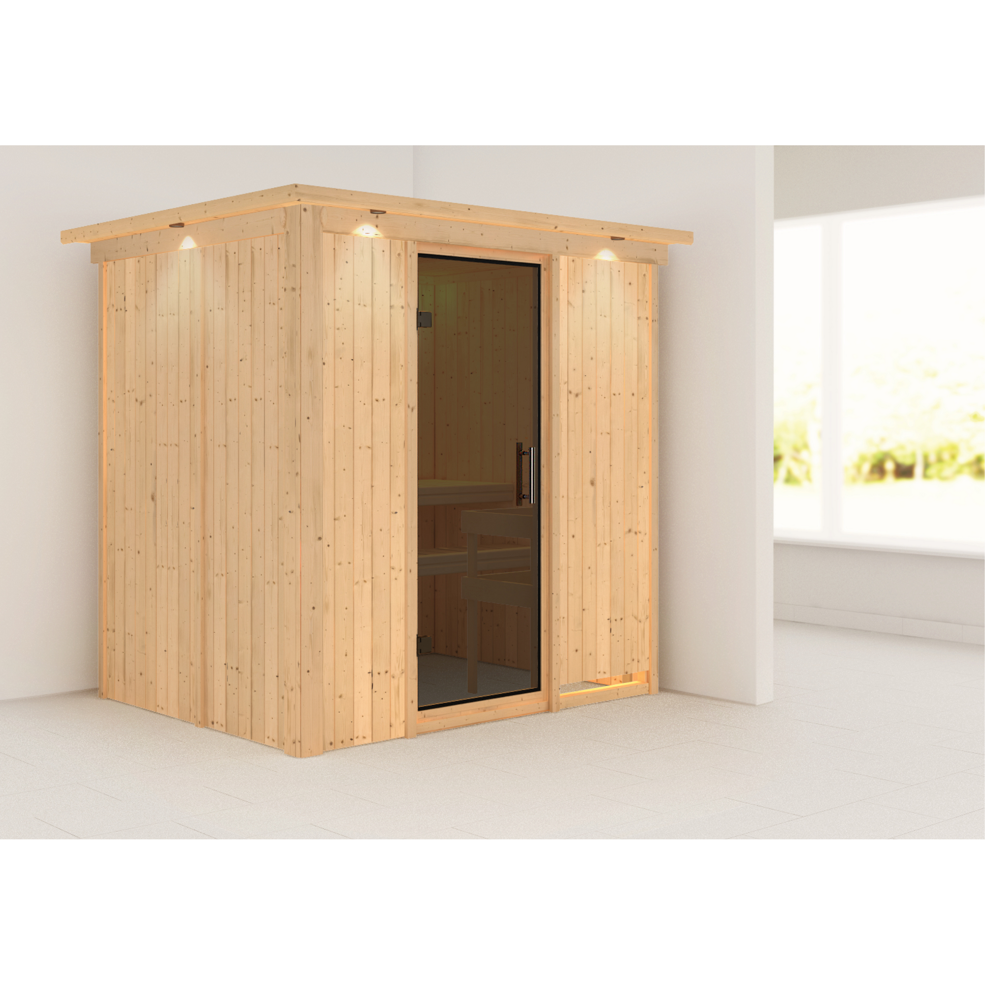 Elementsauna 'Carla' naturbelassen mit Kranz und graphitfarbener Tür 210 x 165 x 202 cm + product picture