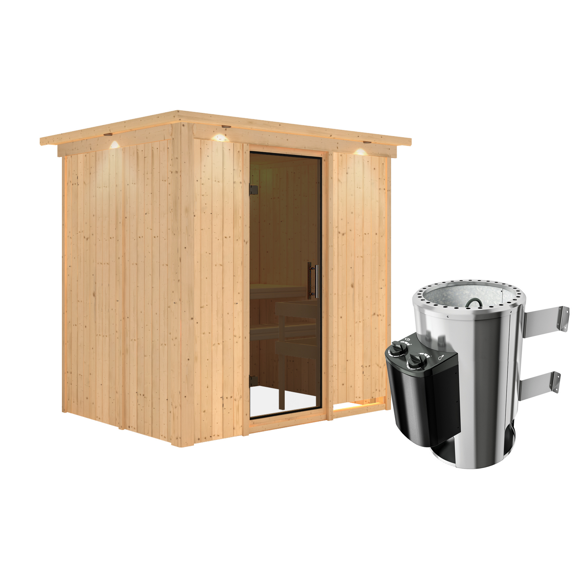 Elementsauna 'Carla' naturbelassen mit Kranz und graphitfarbener Tür 3,6 kW Ofen integrierte Steuerung 210 x 165 x 202 cm