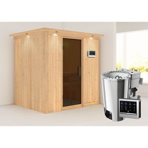 Elementsauna 'Carla' naturbelassen mit Kranz und graphitfarbener Tür 3,6 kW Bio-Ofen externe Steuerung Easy 210 x 165 x 202 cm