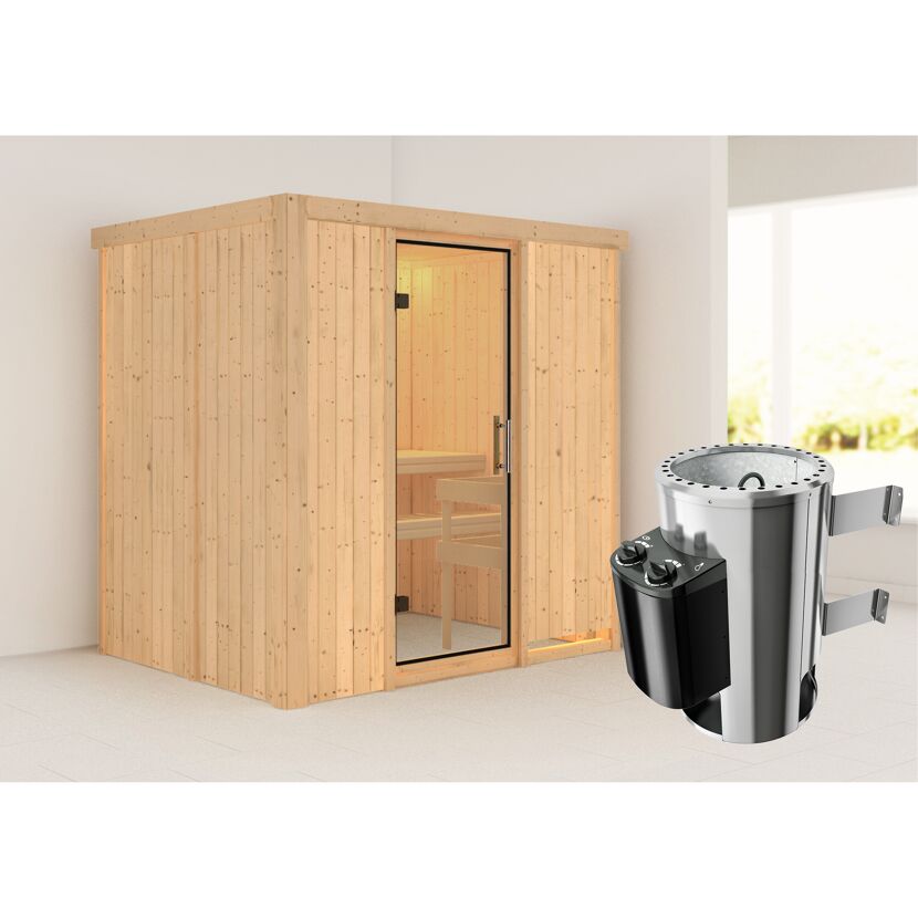 Elementsauna 'Carla' naturbelassen mit Klarglastür 3,6 kW Ofen integrierte Steuerung 196 x 151 x 198 cm