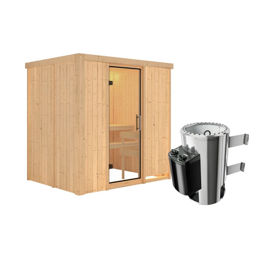 Elementsauna 'Carla' naturbelassen mit Klarglastür 3,6 kW Ofen integrierte Steuerung 196 x 151 x 198 cm