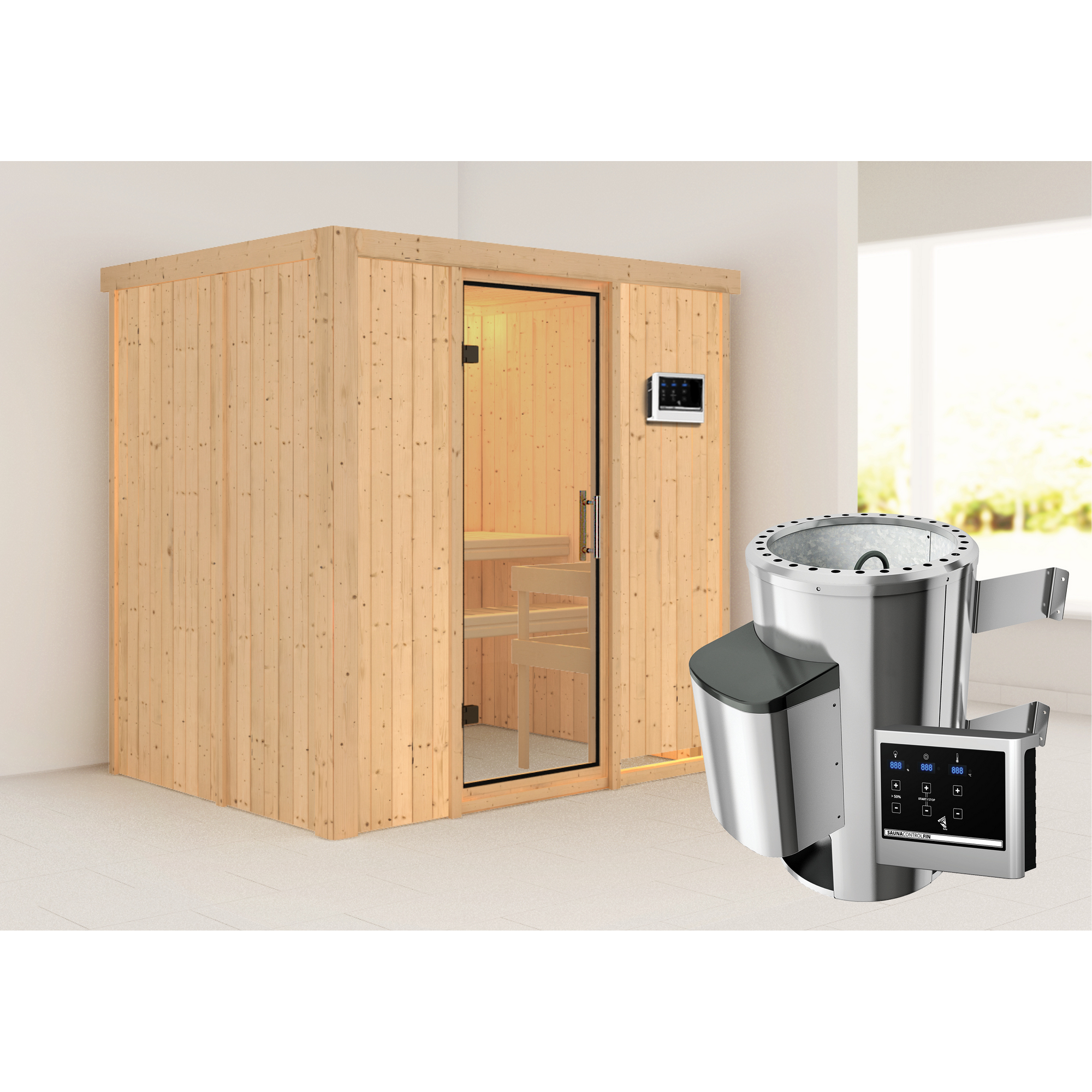 Sauna aus hellem Holz mit Saunaofen