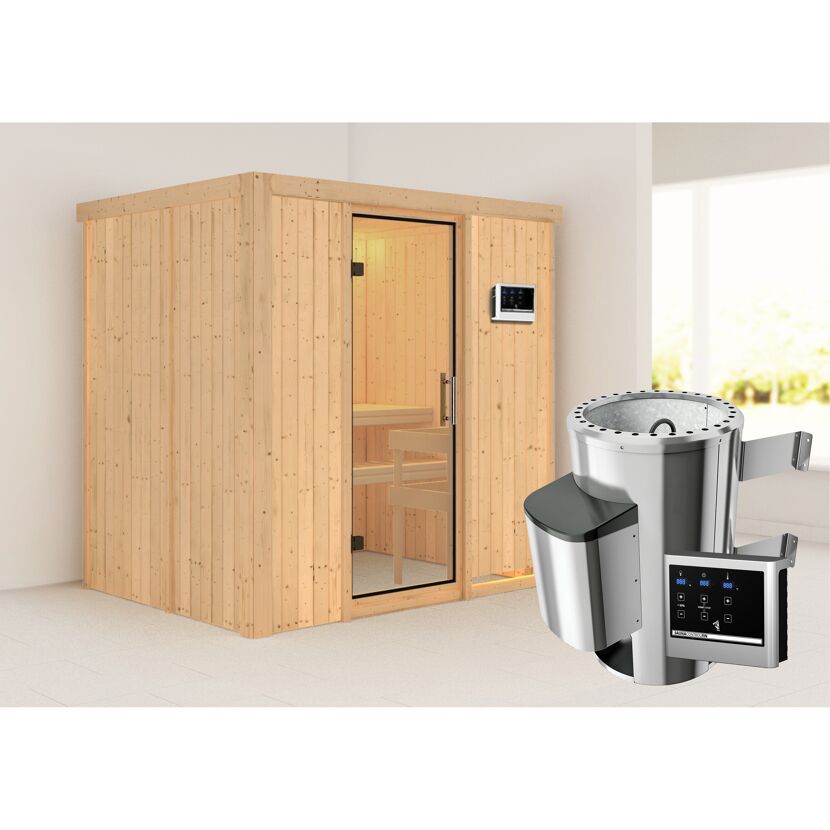 Sauna aus hellem Holz mit Saunaofen