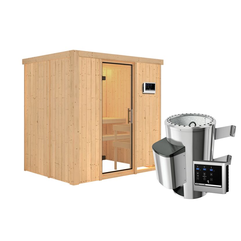 Sauna aus Holz mit Saunaofen
