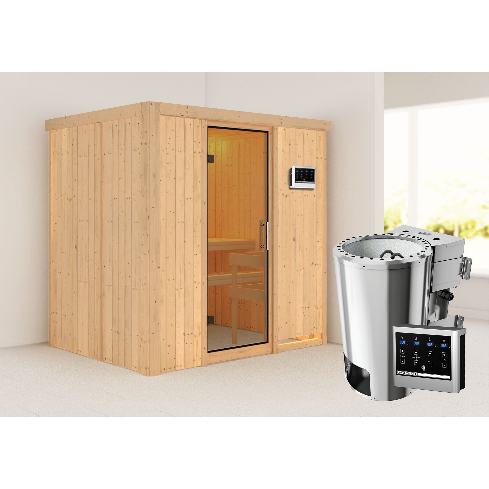Sauna aus hellem Holz mit Saunaofen