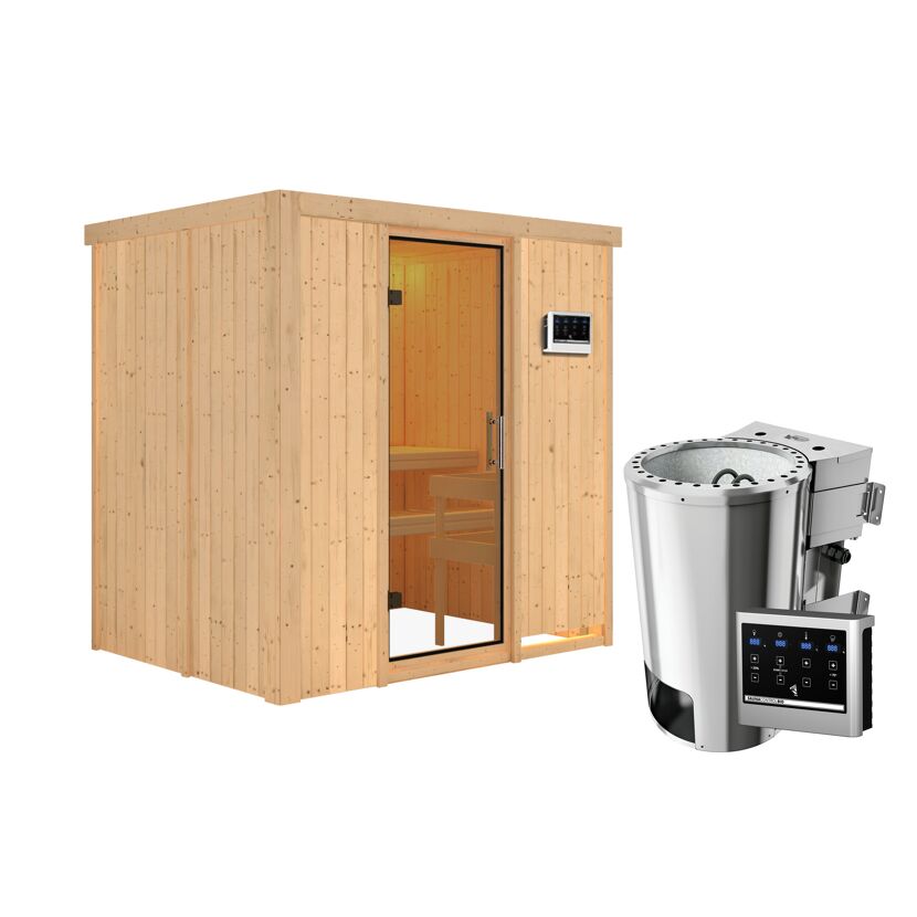 Saunakabine aus Holz mit Saunaofen