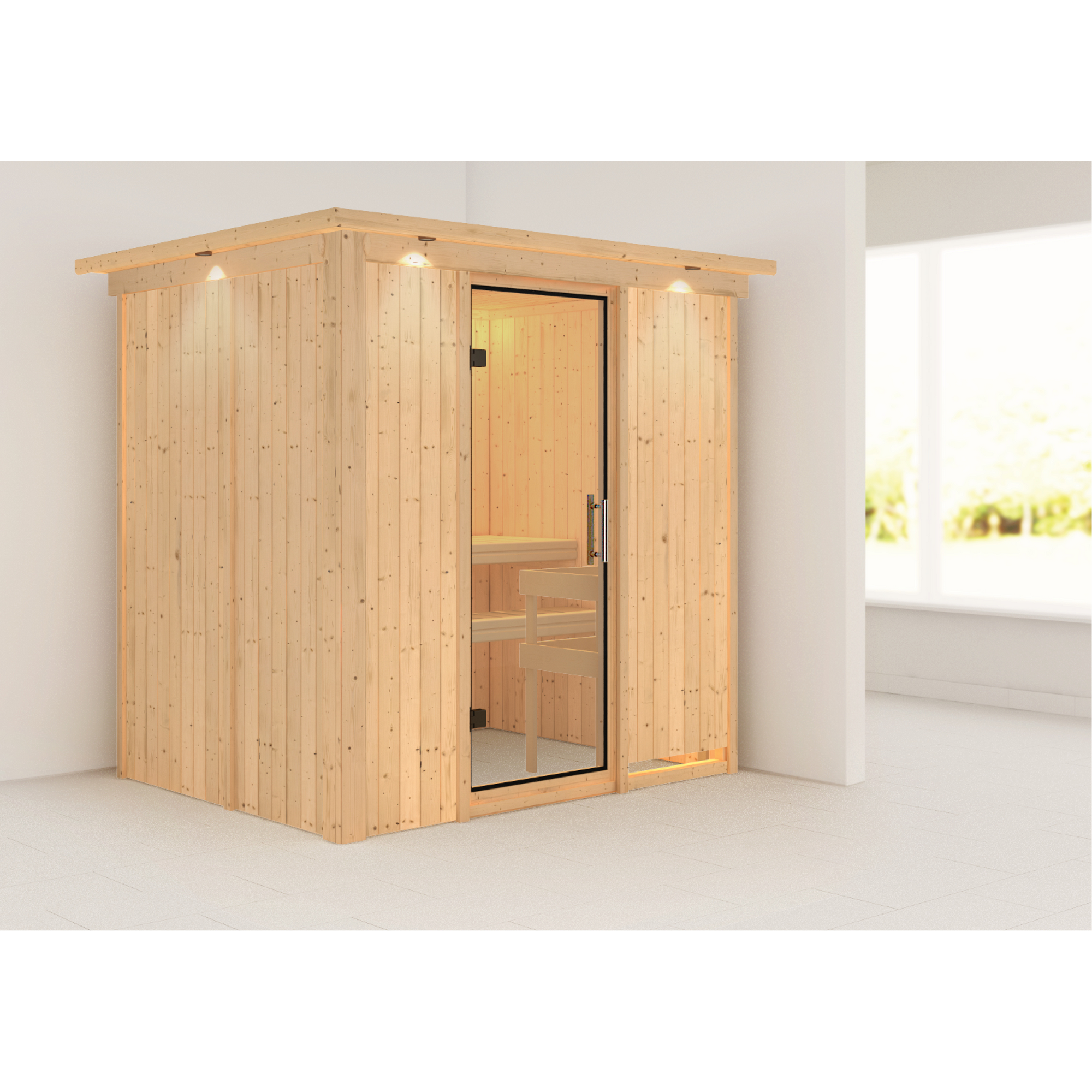 Elementsauna 'Carla' naturbelassen mit Kranz und Klarglastür 210 x 165 x 202 cm