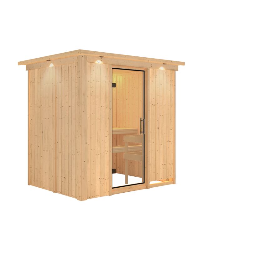 Elementsauna 'Carla' naturbelassen mit Kranz und Klarglastür 210 x 165 x 202 cm