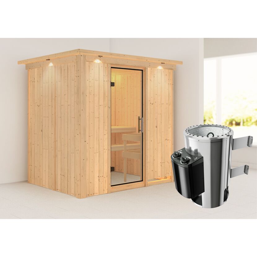Elementsauna 'Carla' naturbelassen mit Kranz und Klarglastür 3,6 kW Ofen integrierte Steuerung 210 x 165 x 202 cm