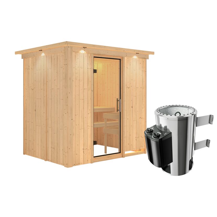 Elementsauna 'Carla' naturbelassen mit Kranz und Klarglastür 3,6 kW Ofen integrierte Steuerung 210 x 165 x 202 cm