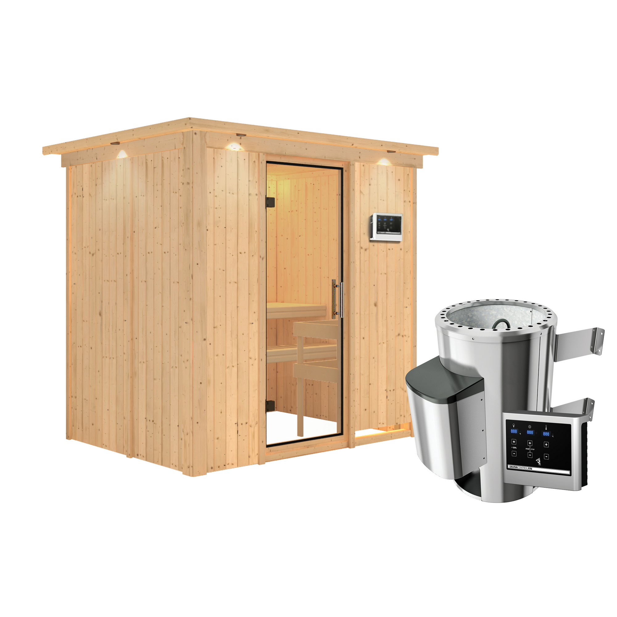 Elementsauna 'Carla' naturbelassen mit Kranz und Klarglastür 3,6 kW Ofen externe Steuerung Easy 210 x 165 x 202 cm