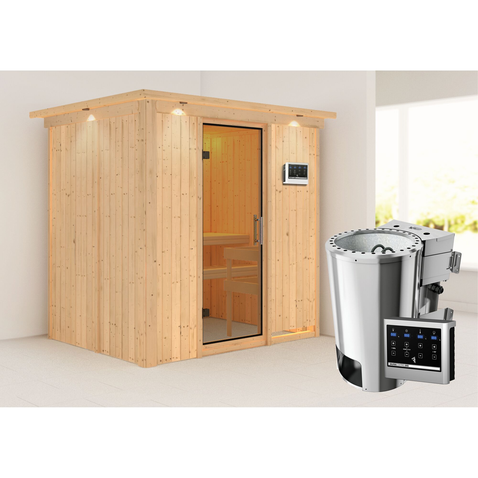 Sauna aus hellem Holz mit Saunaofen