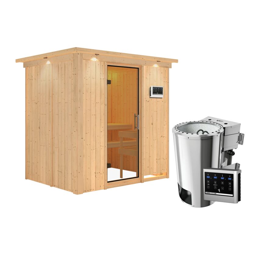 Sauna aus hellem Holz mit Saunaofen