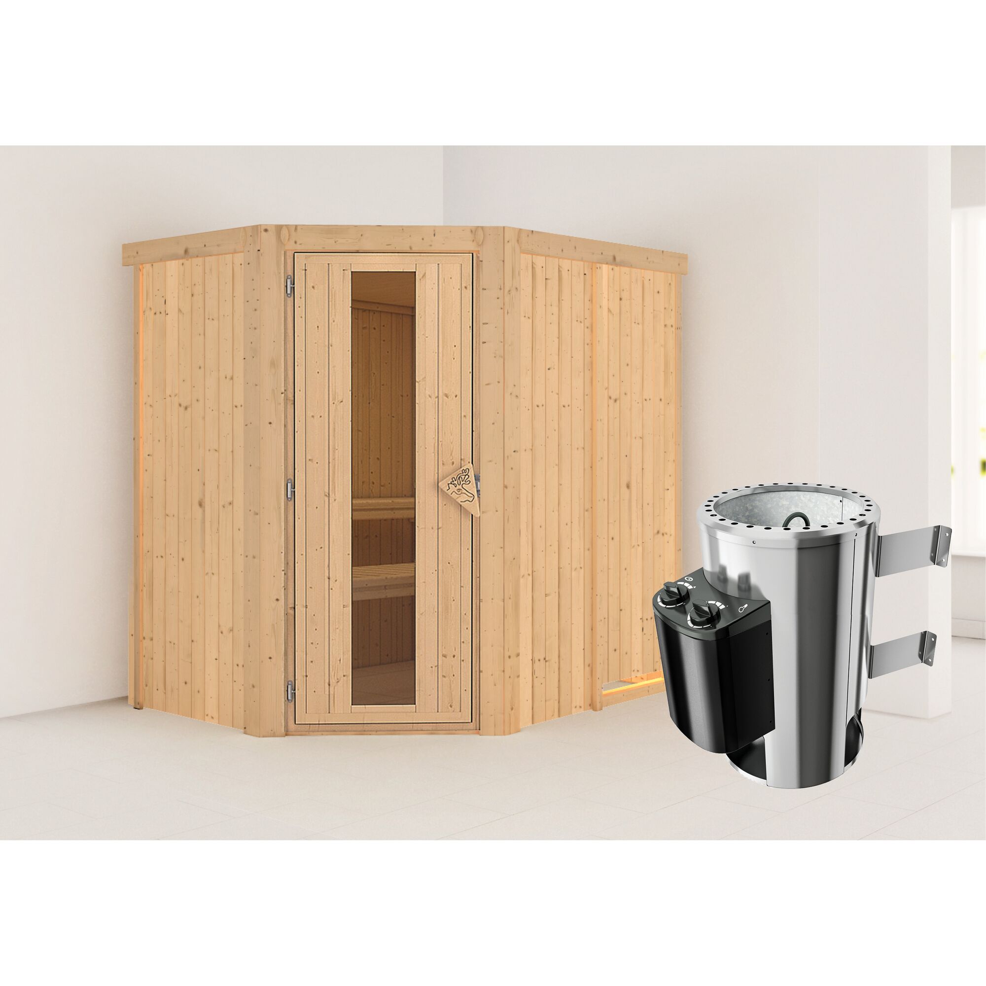 Ecksauna Carlota aus hellem Holz mit Saunaofen