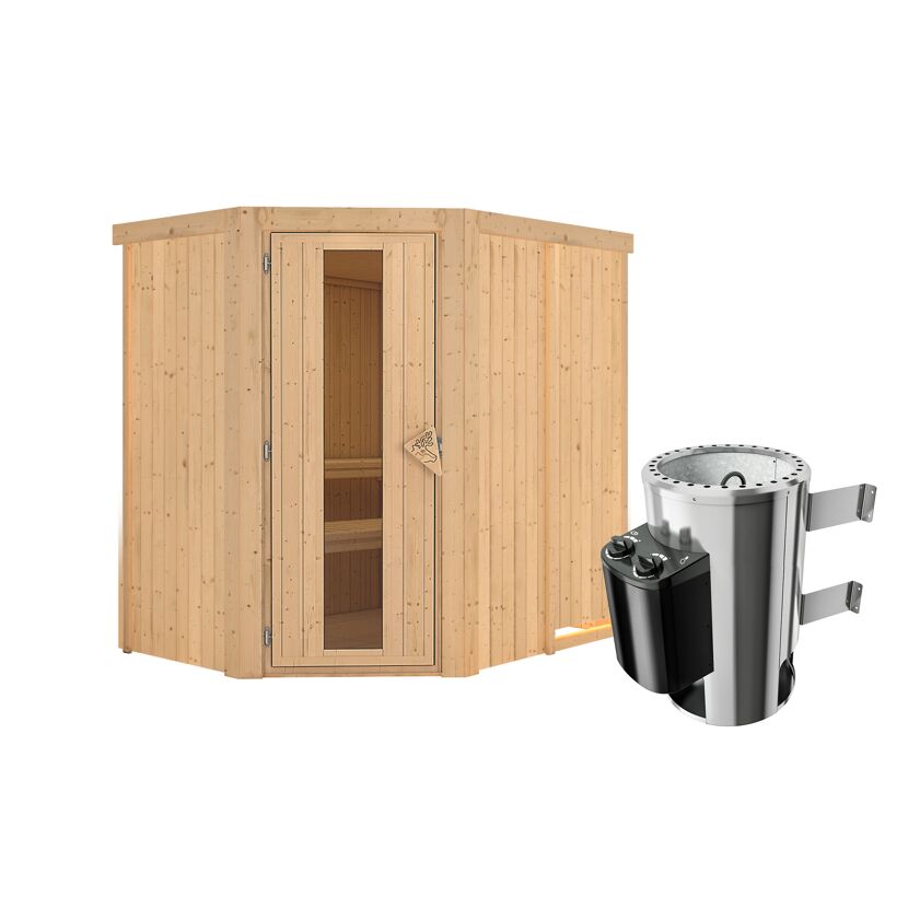 Eck-Sauna aus Holz mit Saunaofen