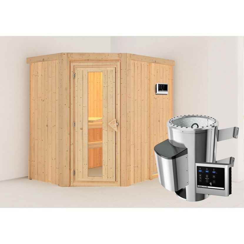 Eck-Sauna aus Holz mit Saunaofen