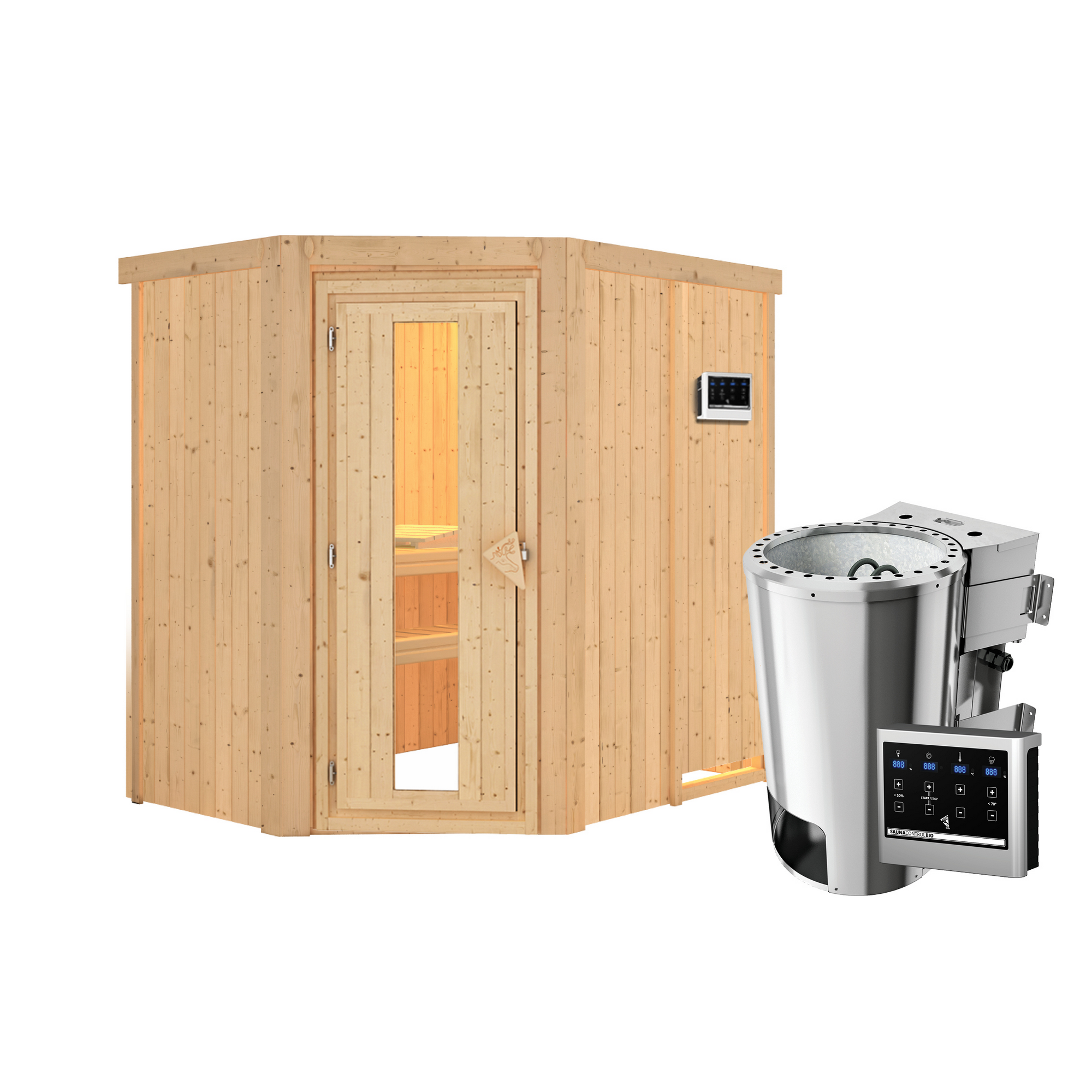 Elementsauna 'Carlota' naturbelassen mit Energiespartür 3,6 kW Bio-Ofen externe Steuerung Easy 151 x 196 x 198 cm