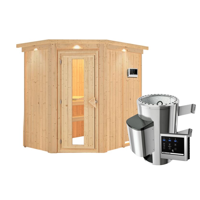 Elementsauna 'Carlota' naturbelassen mit Kranz und Energiespartür 3,6 kW Ofen externe Steuerung Easy 165 x 210 x 202 cm